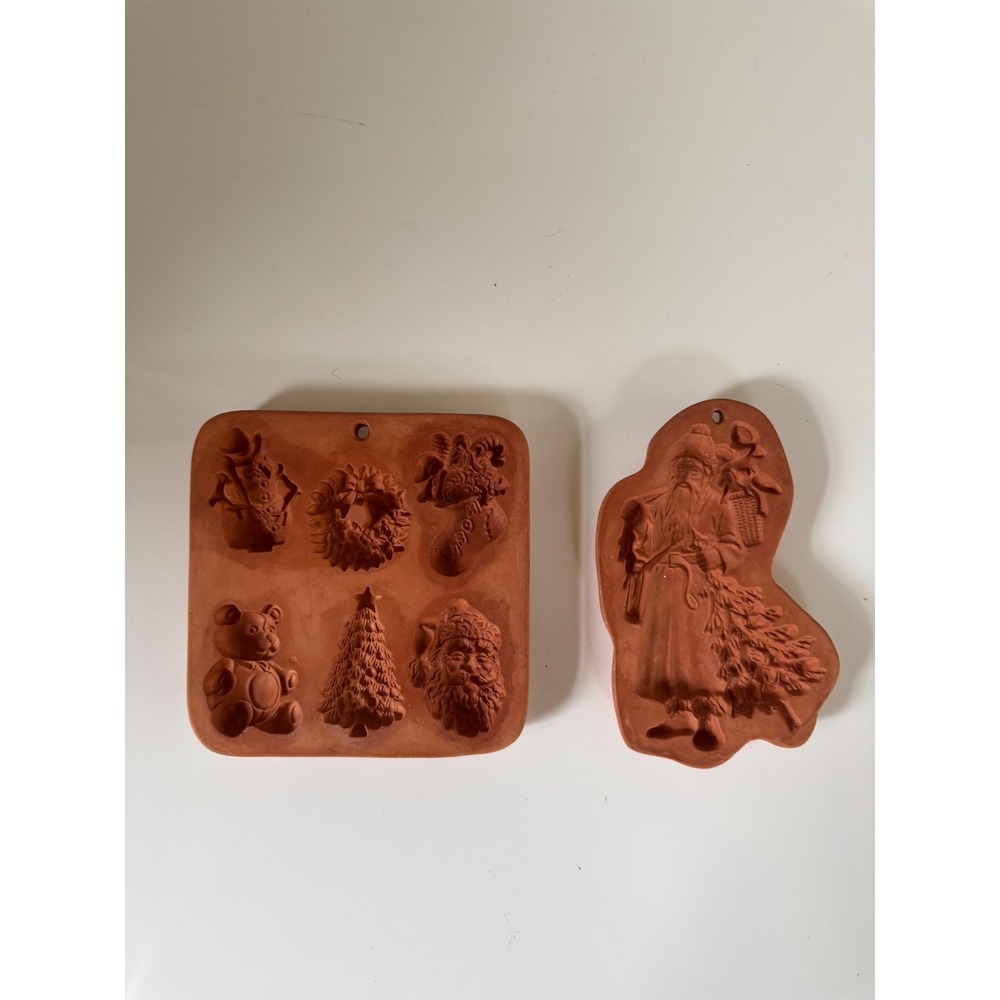 Vintage 1994 Cotton Press Terracotta Christmas Cookie Molds Set Santa Tree 2pc